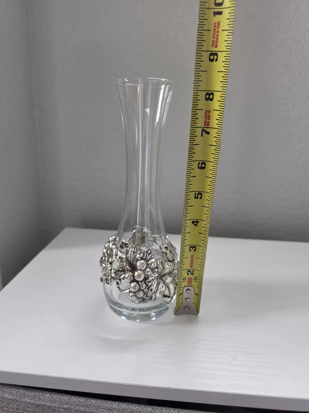 Arthur Court Clear Glass Bud Vase with Silver Grape Motif